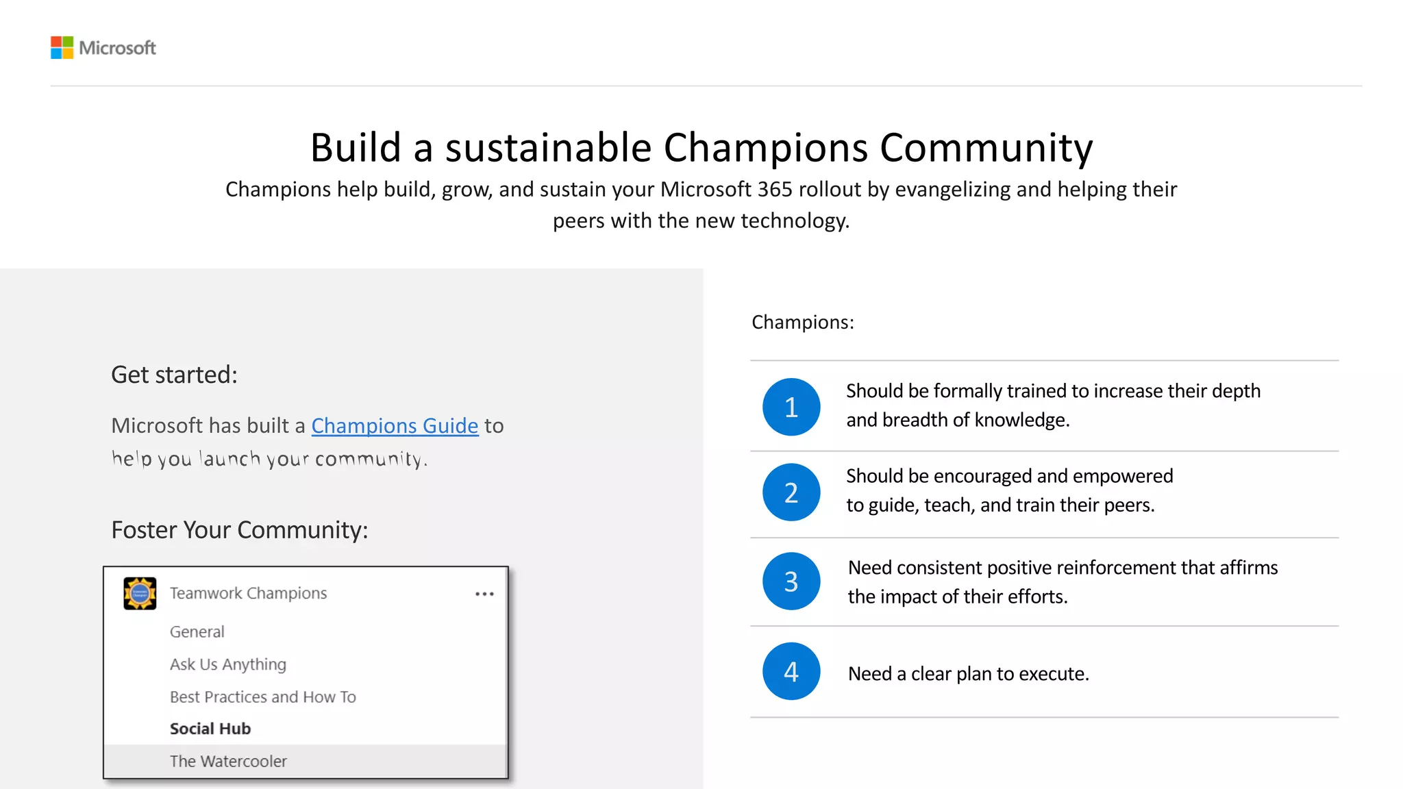 Build a sustainable Champions Community
Should be formally trained to increase their depth
and breadth of knowledge.
Should be encouraged and empowered
to guide, teach, and train their peers.
Need consistent positive reinforcement that affirms
the impact of their efforts.
Need a clear plan to execute.
1
2
3
4
Champions help build, grow, and sustain your Microsoft 365 rollout by evangelizing and helping their
peers with the new technology.
Foster Your Community:
Champions:
Get started:
Champions Guide
 
