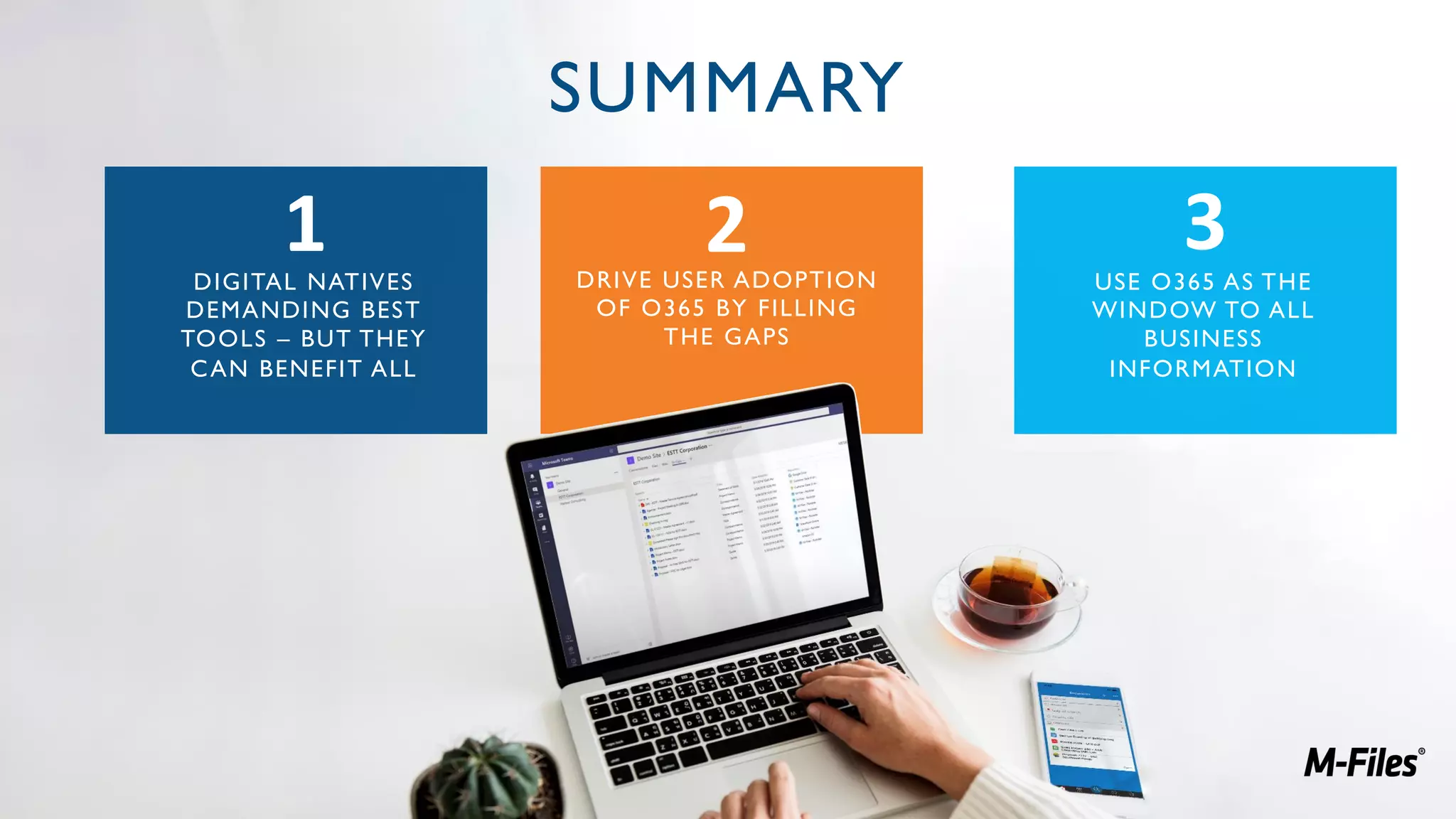 SUMMARY
DIGITAL NATIVES
DEMANDING BEST
TOOLS – BUT THEY
CAN BENEFIT ALL
1 2 3DRIVE USER ADOPTION
OF O365 BY FILLING
THE GAPS
USE O365 AS THE
WINDOW TO ALL
BUSINESS
INFORMATION
 