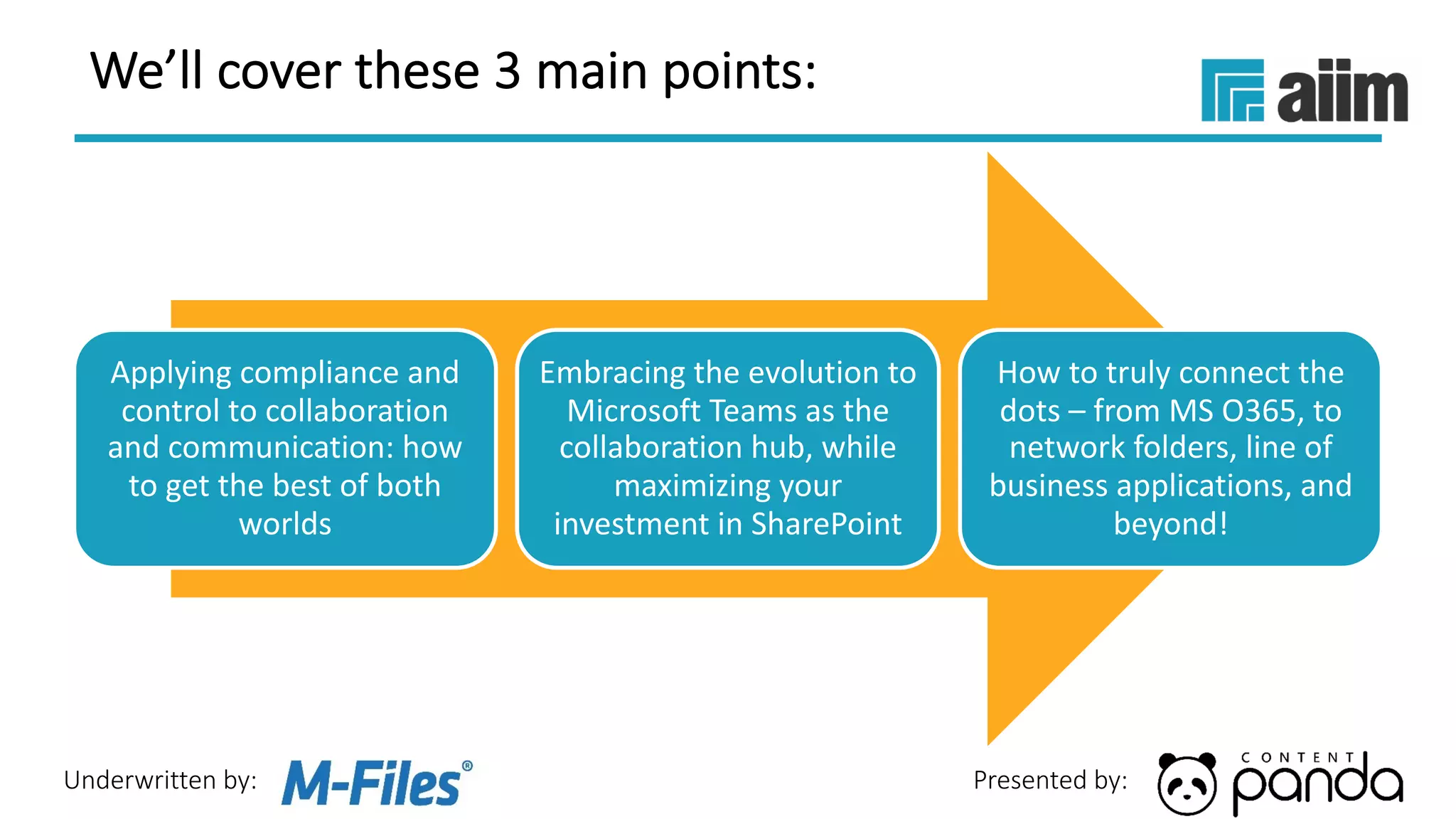 Underwritten by: Presented by:
We’ll cover these 3 main points:
Applying compliance and
control to collaboration
and communication: how
to get the best of both
worlds
Embracing the evolution to
Microsoft Teams as the
collaboration hub, while
maximizing your
investment in SharePoint
How to truly connect the
dots – from MS O365, to
network folders, line of
business applications, and
beyond!
 