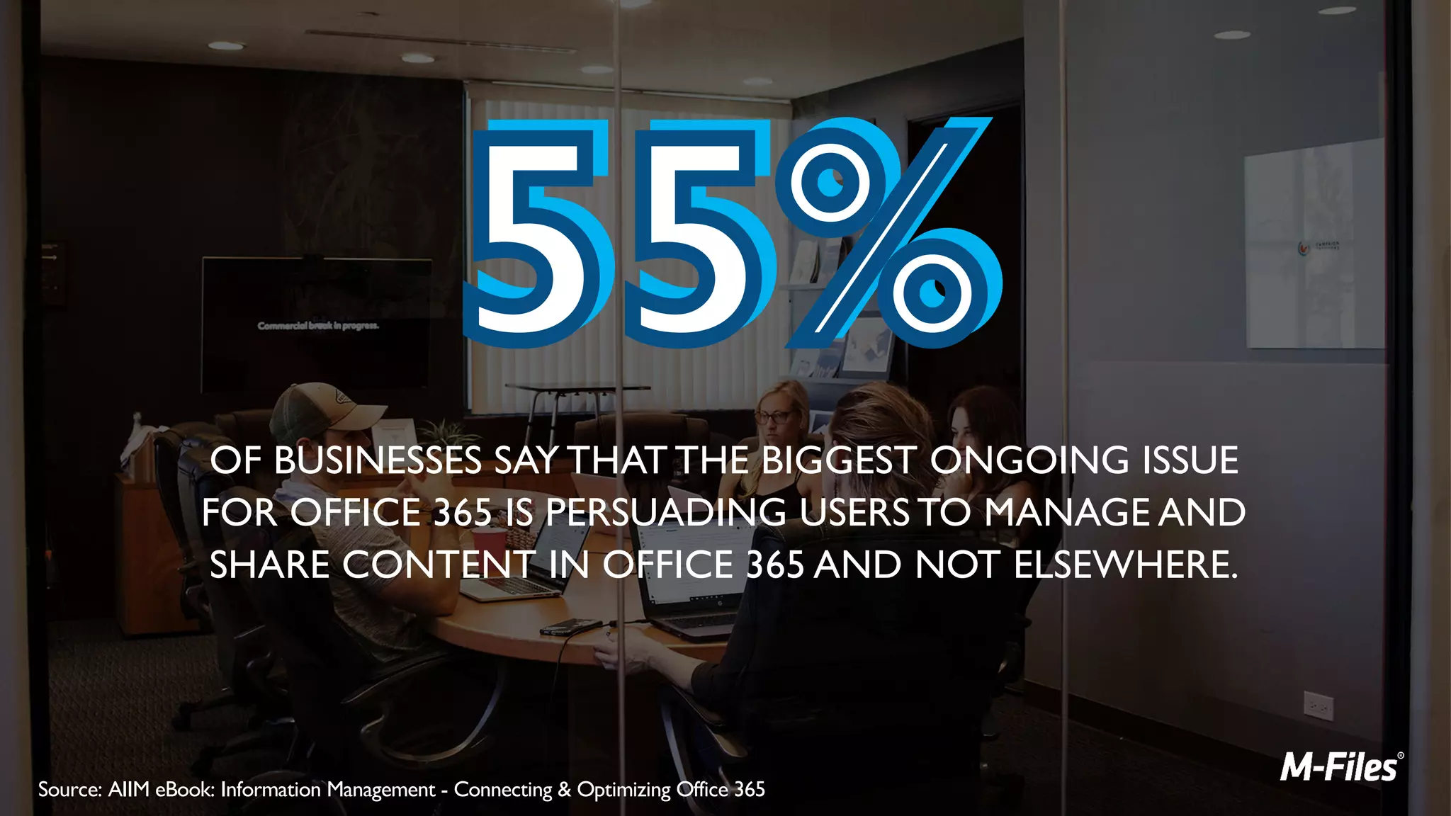 OF BUSINESSES SAY THAT THE BIGGEST ONGOING ISSUE
FOR OFFICE 365 IS PERSUADING USERS TO MANAGE AND
SHARE CONTENT IN OFFICE 365 AND NOT ELSEWHERE.
Source: AIIM eBook: Information Management - Connecting & Optimizing Office 365
 