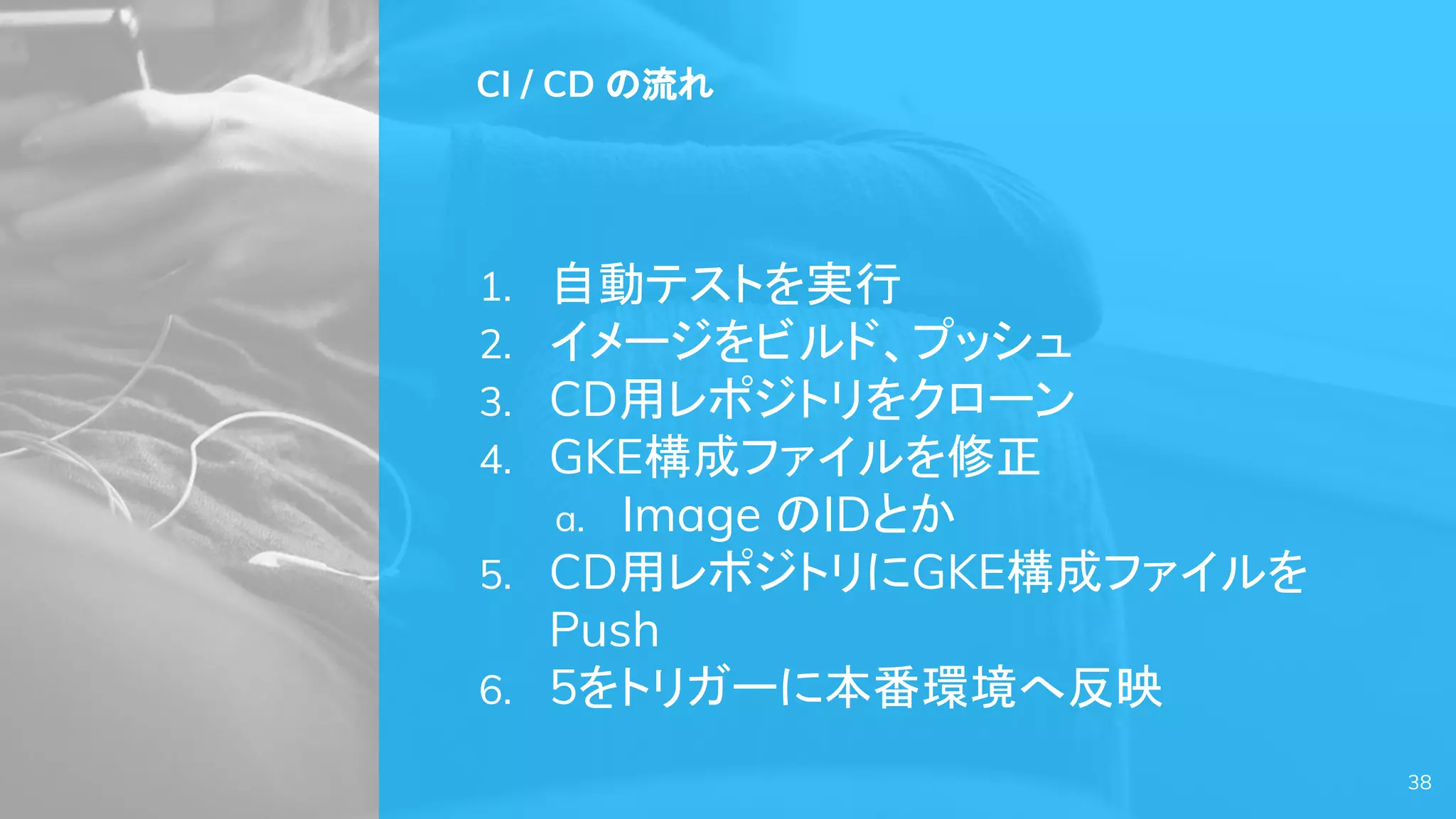CI / CD の流れ
1. 自動テストを実行
2. イメージをビルド、プッシュ
3. CD用レポジトリをクローン
4. GKE構成ファイルを修正
a. Image のIDとか
5. CD用レポジトリにGKE構成ファイルを
Push
6. 5をトリガーに本番環境へ反映
38
 