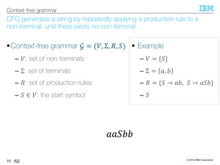 © 2019 IBM Corporation
/52
CFG generates a string by repeatedly applying a production rule to a
non-terminal, until there exists no non-terminal
§Context-free grammar 5 = (T, Σ, U, =)
– T: set of non-terminals
– Σ: set of terminals
– U: set of production rules
– = ∈ T: the start symbol
11
Context-free grammar
§ Example
– T = {=}
– Σ = 6, 7
– U = {= → 67, = → 6=7}
– =
66=77
 