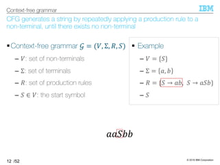 © 2019 IBM Corporation
/52
CFG generates a string by repeatedly applying a production rule to a
non-terminal, until there exists no non-terminal
§Context-free grammar 5 = (T, Σ, U, =)
– T: set of non-terminals
– Σ: set of terminals
– U: set of production rules
– = ∈ T: the start symbol
12
Context-free grammar
§ Example
– T = {=}
– Σ = 6, 7
– U = {= → 67, = → 6=7}
– =
66=77
 