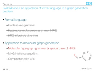 © 2019 IBM Corporation
/52
I will talk about an application of formal language to a graph generation
problem
§Formal language
–Context-free grammar
–Hyperedge replacement grammar (HRG)
–HRG inference algorithm
§Application to molecular graph generation
–Molecular hypergraph grammar (a special case of HRG)
–MHG inference algorithm
–Combination with VAE
35
Contents
 