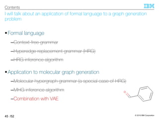 © 2019 IBM Corporation
/52
I will talk about an application of formal language to a graph generation
problem
§Formal language
–Context-free grammar
–Hyperedge replacement grammar (HRG)
–HRG inference algorithm
§Application to molecular graph generation
–Molecular hypergraph grammar (a special case of HRG)
–MHG inference algorithm
–Combination with VAE
45
Contents
 