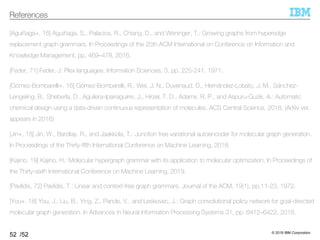 © 2019 IBM Corporation
/52
[Aguiñaga+, 16] Aguiñaga, S., Palacios, R., Chiang, D., and Weninger, T.: Growing graphs from hyperedge
replacement graph grammars. In Proceedings of the 25th ACM International on Conference on Information and
Knowledge Management, pp. 469–478, 2016.
[Feder, 71] Feder, J: Plex languages. Information Sciences, 3, pp. 225-241, 1971.
[Gómez-Bombarelli+, 16] Gómez-Bombarelli, R., Wei, J. N., Duvenaud, D., Hernández-Lobato, J. M., Sánchez-
Lengeling, B., Sheberla, D., Aguilera-Iparraguirre, J., Hirzel, T. D., Adams, R. P., and Aspuru-Guzik, A.: Automatic
chemical design using a data-driven continuous representation of molecules. ACS Central Science, 2018. (ArXiv ver.
appears in 2016)
[Jin+, 18] Jin, W., Barzilay, R., and Jaakkola, T.: Junction tree variational autoencoder for molecular graph generation.
In Proceedings of the Thirty-ﬁfth International Conference on Machine Learning, 2018.
[Kajino, 19] Kajino, H.: Molecular hypergraph grammar with its application to molecular optimization. In Proceedings of
the Thirty-sixth International Conference on Machine Learning, 2019.
[Pavlidis, 72] Pavlidis, T.: Linear and context-free graph grammars. Journal of the ACM, 19(1), pp.11-23, 1972.
[You+, 18] You, J., Liu, B., Ying, Z., Pande, V., and Leskovec, J.: Graph convolutional policy network for goal-directed
molecular graph generation. In Advances in Neural Information Processing Systems 31, pp. 6412–6422, 2018.
.
52
References
 