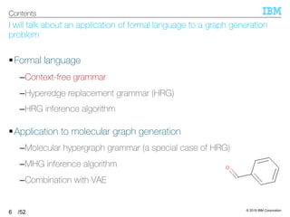 © 2019 IBM Corporation
/52
I will talk about an application of formal language to a graph generation
problem
§Formal language
–Context-free grammar
–Hyperedge replacement grammar (HRG)
–HRG inference algorithm
§Application to molecular graph generation
–Molecular hypergraph grammar (a special case of HRG)
–MHG inference algorithm
–Combination with VAE
6
Contents
 