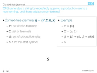 © 2019 IBM Corporation
/52
CFG generates a string by repeatedly applying a production rule to a
non-terminal, until there exists no non-terminal
§Context-free grammar 5 = (T, Σ, U, =)
– T: set of non-terminals
– Σ: set of terminals
– U: set of production rules
– = ∈ T: the start symbol
7
Context-free grammar
§ Example
– T = {=}
– Σ = 6, 7
– U = {= → 67, = → 6=7}
– =
=
 