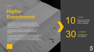 Highly-
Experienced
ALTA Integra has solved hundreds of complex engineering
challenges as well as lots of prestigious projects due to our
understanding of engineering as a connection between human
and nature-environment.
Through years of experience in many projects, we have the
leadership needed to collaborate with other project team
members.
The collaboration is necessary to ensure that everything has built
correctly from the onset of the design stage to the testing and
commissioning process. It also ensures that our solution will
conform to your network structure and IT plans while maintaining
security.
helping communities
improve well-being
with our initiatives10
+ years
benefitting from
our expertise30
+ projects
5
 