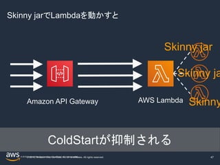© 2019, Amazon Web Services, Inc. or its affiliates. All rights reserved.© 2018, Amazon Web Services, Inc. or its affiliates. All rights reserved. 47
Amazon API Gateway AWS Lambda
Skinny jarでLambdaを動かすと
ColdStartが抑制される
Skinny jar
Skinny ja
Skinny
 