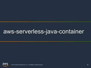 © 2019, Amazon Web Services, Inc. or its affiliates. All rights reserved. 59
aws-serverless-java-container
 