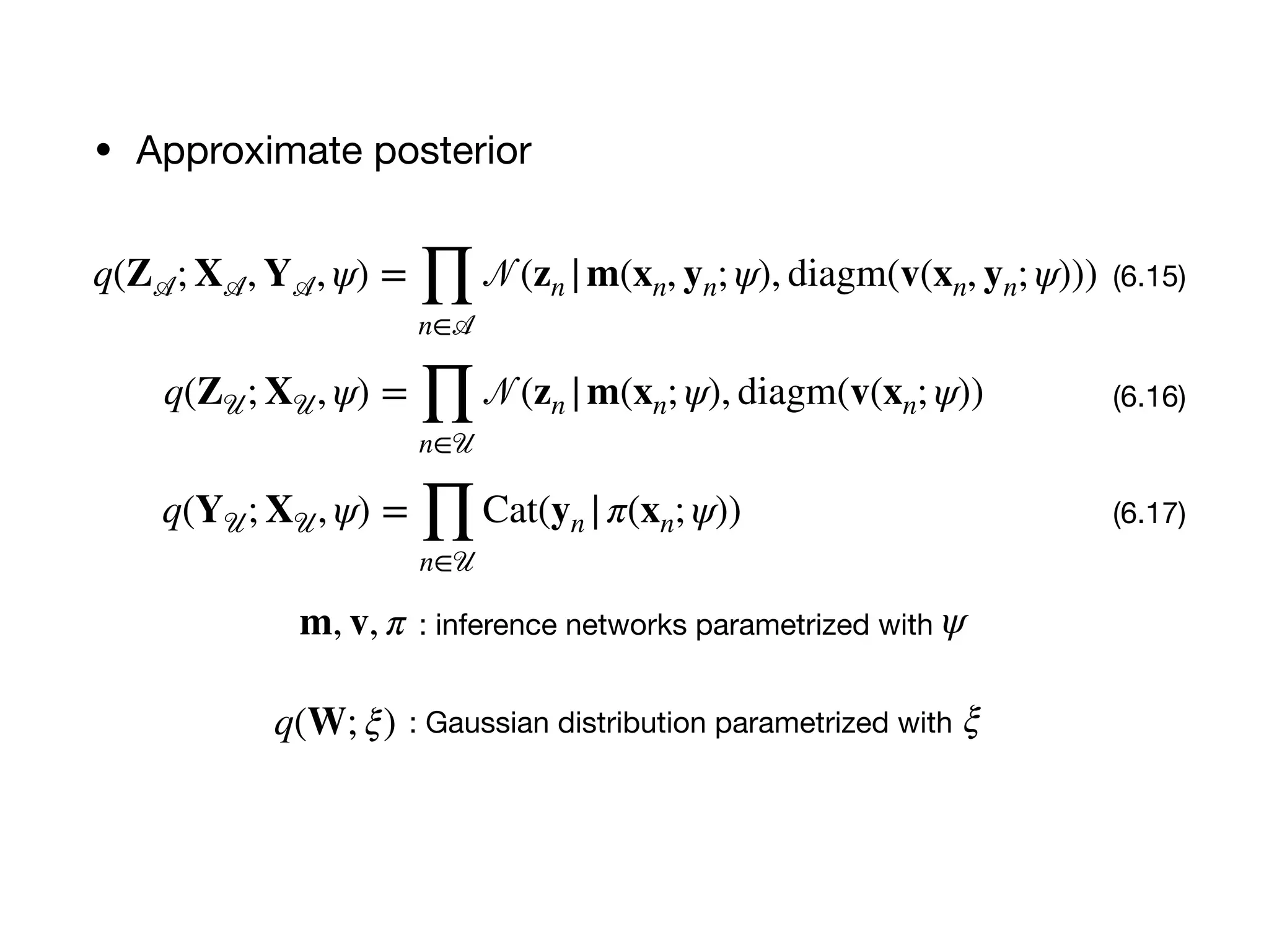 • Approximate posterior
q(Z 𝒜; X 𝒜, Y 𝒜, ψ) =
∏
n∈𝒜
𝒩(zn |m(xn, yn; ψ), diagm(v(xn, yn; ψ))) (6.15)
q(Z 𝒰; X 𝒰, ψ) =
∏
n∈𝒰
𝒩(zn |m(xn; ψ), diagm(v(xn; ψ)) (6.16)
q(Y 𝒰; X 𝒰, ψ) =
∏
n∈𝒰
Cat(yn |π(xn; ψ)) (6.17)
m, v, π : inference networks parametrized with ψ
q(W; ξ) : Gaussian distribution parametrized with ξ
 