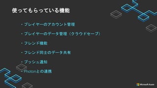 使ってもらっている機能
・プレイヤーのアカウント管理
・プレイヤーのデータ管理（クラウドセーブ）
・フレンド機能
・フレンド同士のデータ共有
・プッシュ通知
・Photonとの連携
 