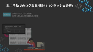 脱！手動でのログ収集/集計！ (クラッシュ分析)
AfterBefore
クラッシュログについても同様
ログから探し出して何が起こったか確認
コードを数行追加するだけで、リアルタイム分析
ダッシュボードで、問題の箇所を追跡！
 