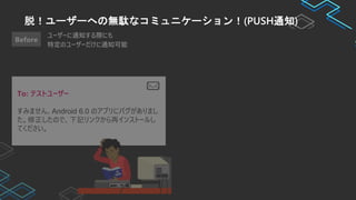 脱！ユーザーへの無駄なコミュニケーション！(PUSH通知)
ユーザーに通知する際にも
特定のユーザーだけに通知可能
バグの修正、障害などのメッセージ
をPUSH 通知でユーザーに通知！
To: テストユーザー
すみません、Android 6.0 のアプリにバグがありまし
た。修正したので、下記リンクから再インストールし
てください。
Android 6.0 をお使いの方に配信しています。
バグを修正した新しいバージョンがお使いいただけます。
 
