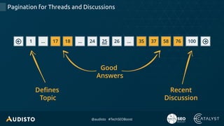 @audisto #TechSEOBoost
Pagination for Threads and Discussions
… 17 181 24 25 26 35 37 58 76 100… …
Good
Answers
Defines
Topic
Recent
Discussion
 