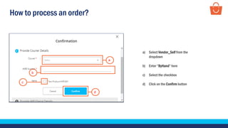 How to process an order?
a) Select Vendor_Self from the
dropdown
b) Enter “ByHand” here
c) Select the checkbox
d) Click on the Confirm button
a
b
c
d
 