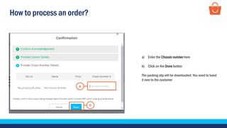 How to process an order?
a) Enter the Chassis number here
b) Click on the Done button
The packing slip will be downloaded. You need to hand
it over to the customer
a
b
 