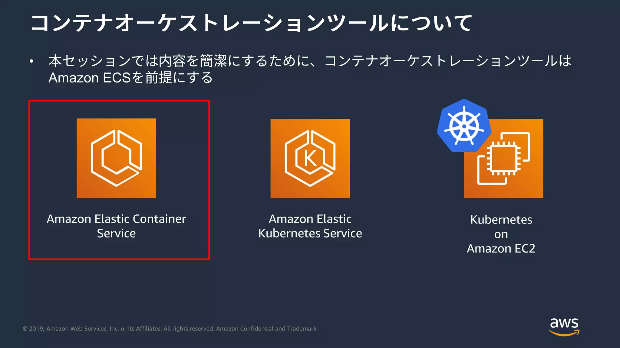 © 2019, Amazon Web Services, Inc. or its Affiliates. All rights reserved. Amazon Confidential and Trademark
•
Amazon ECS
Amazon Elastic Container
Service
Amazon Elastic
Kubernetes Service
Kubernetes
on
Amazon EC2
 