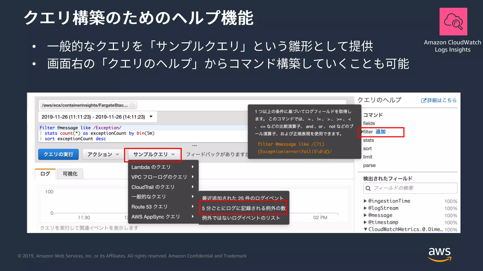 © 2019, Amazon Web Services, Inc. or its Affiliates. All rights reserved. Amazon Confidential and Trademark
Amazon CloudWatch
Logs Insights•
•
 