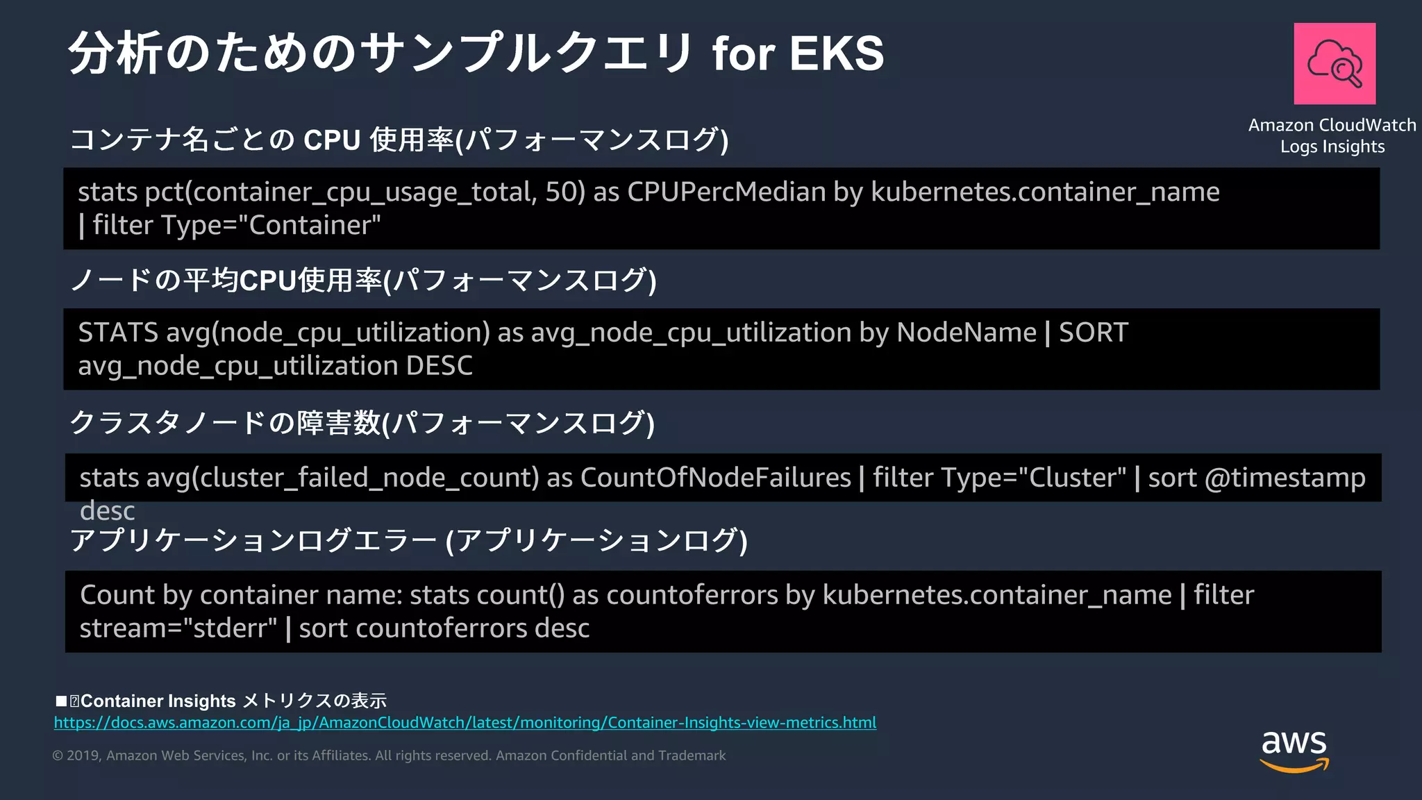 © 2019, Amazon Web Services, Inc. or its Affiliates. All rights reserved. Amazon Confidential and Trademark
for EKS
https://docs.aws.amazon.com/ja_jp/AmazonCloudWatch/latest/monitoring/Container-Insights-view-metrics.html
◼︎Container Insights
stats pct(container_cpu_usage_total, 50) as CPUPercMedian by kubernetes.container_name
| filter Type="Container"
CPU ( )
stats avg(cluster_failed_node_count) as CountOfNodeFailures | filter Type="Cluster" | sort @timestamp
desc
( )
STATS avg(node_cpu_utilization) as avg_node_cpu_utilization by NodeName | SORT
avg_node_cpu_utilization DESC
CPU ( )
Count by container name: stats count() as countoferrors by kubernetes.container_name | filter
stream="stderr" | sort countoferrors desc
( )
Amazon CloudWatch
Logs Insights
 