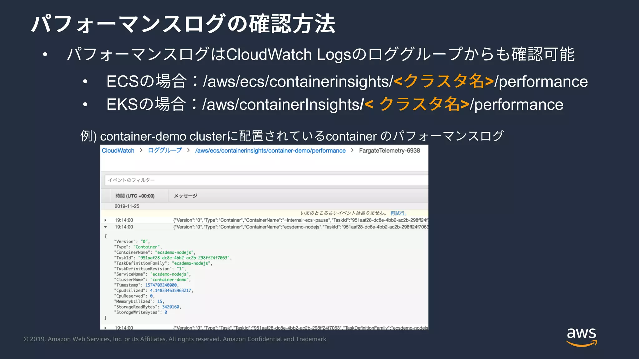 © 2019, Amazon Web Services, Inc. or its Affiliates. All rights reserved. Amazon Confidential and Trademark
• CloudWatch Logs
• ECS /aws/ecs/containerinsights/< >/performance
• EKS /aws/containerInsights/< >/performance
) container-demo cluster container
 
