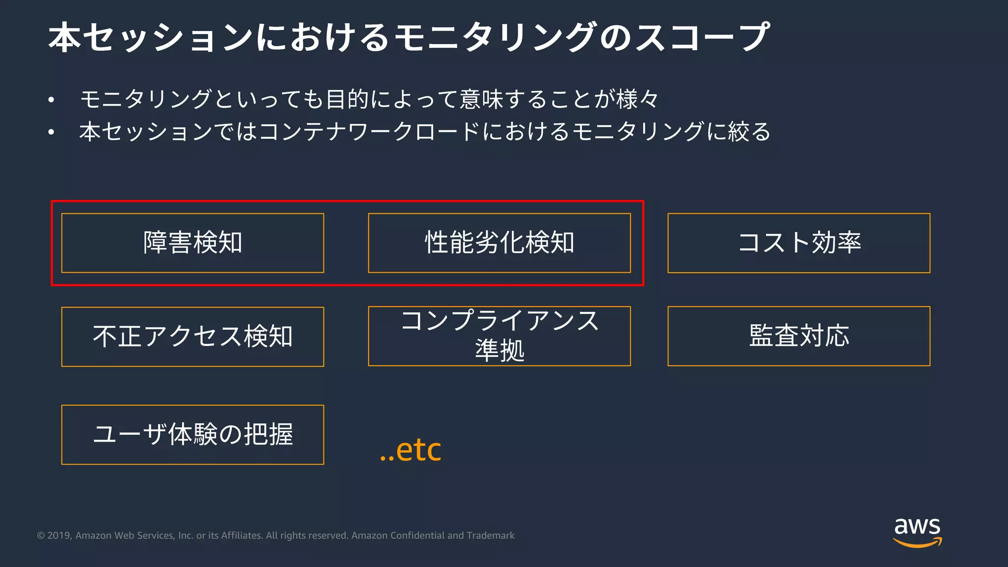 © 2019, Amazon Web Services, Inc. or its Affiliates. All rights reserved. Amazon Confidential and Trademark
•
•
..etc
 