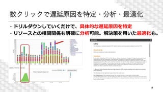 ・ドリルダウンしていくだけで、具体的な遅延原因を特定
・リソースとの相関関係も明確に分析可能。解決策を用いた最適化も。
数クリックで遅延原因を特定・分析・最適化
18
 