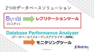 2つのデータベースソリューション
© 2019 Climb Inc. 3
(シニティ)
レプリケーションツール
(データベースパフォーマンスアナライザー/DPA)
モニタリングツール
 