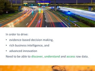 10
In order to drive:
• evidence-based decision making,
• rich business intelligence, and
• advanced innovation
Need to be able to discover, understand and access raw data.
 