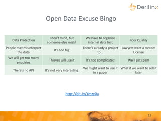 Open Data Excuse Bingo
13
Data Protection
I don't mind, but
someone else might
We have to organise
internal data first
Poor Quality
People may misinterpret
the data
It's too big
There's already a project
to...
Lawyers want a custom
License
We will get too many
enquiries
Thieves will use it It's too complicated We'll get spam
There's no API It's not very interesting
We might want to use it
in a paper
What if we want to sell it
later
http://bit.ly/Ymzy0a
 