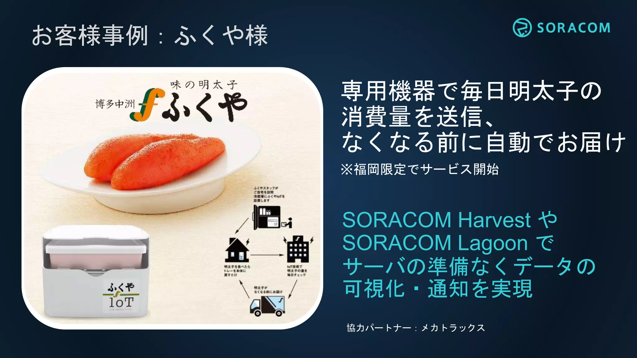 お客様事例：ふくや様
SORACOM Harvest や
SORACOM Lagoon で
サーバの準備なくデータの
可視化・通知を実現
専用機器で毎日明太子の
消費量を送信、
なくなる前に自動でお届け
※福岡限定でサービス開始
協力パートナー：メカトラックス
 