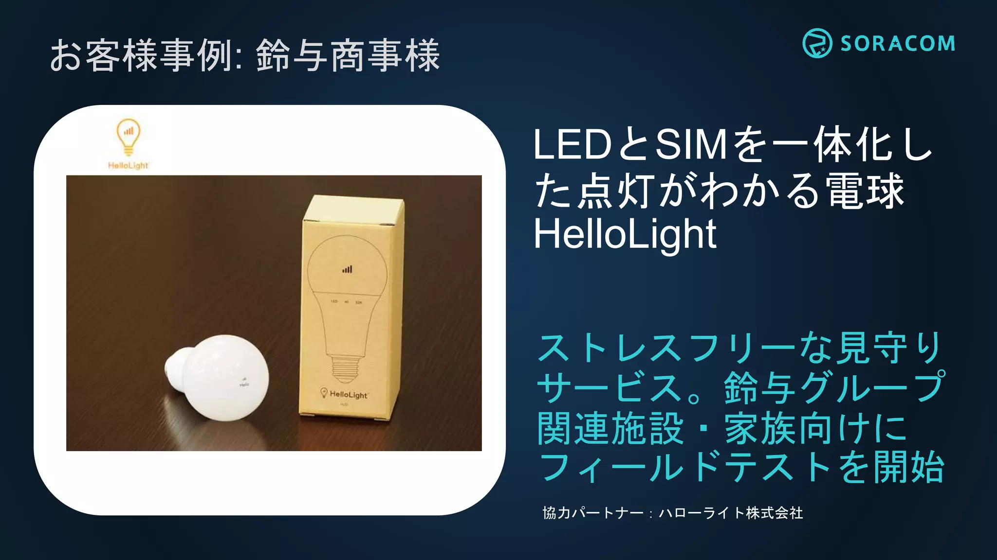 お客様事例: 鈴与商事様
ストレスフリーな見守り
サービス。鈴与グループ
関連施設・家族向けに
フィールドテストを開始
LEDとSIMを一体化し
た点灯がわかる電球
HelloLight
協力パートナー：ハローライト株式会社
 
