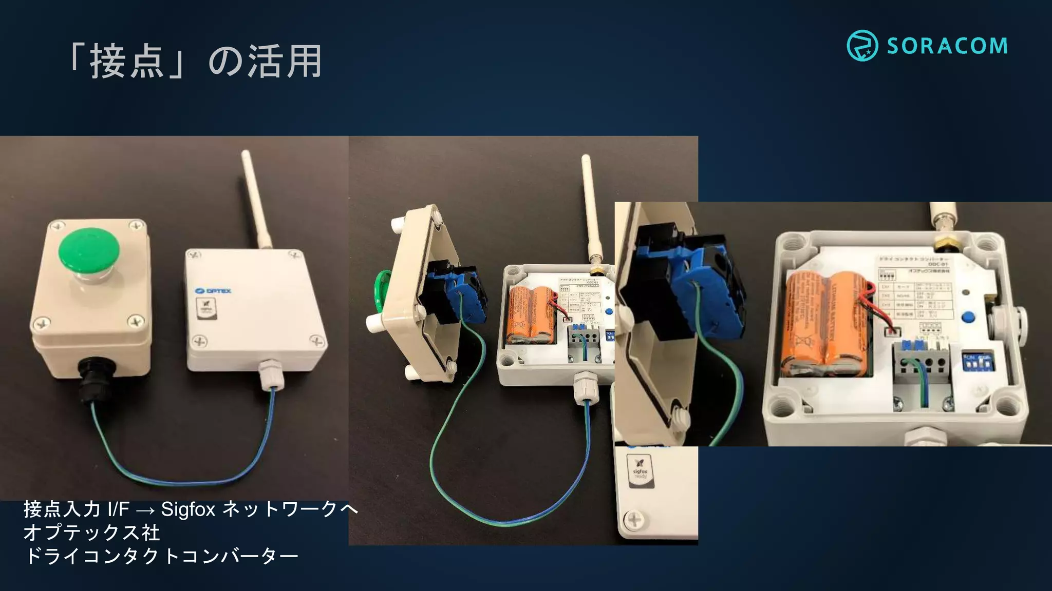 「接点」の活用
接点入力 I/F → Sigfox ネットワークへ
オプテックス社
ドライコンタクトコンバーター
 