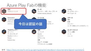 Azure Play Fabの機能
5
参考：https://docs.microsoft.com/ja-jp/gaming/playfab/index#pivot=documentation&panel=quickstarts
今日は認証の話
 