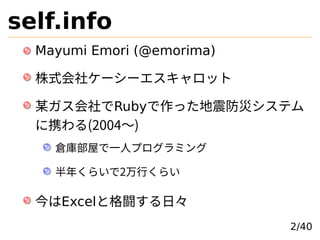 self.info
Mayumi Emori (@emorima)
ʽ祱``å
ĳRubyäĥƥ
Я(2004)
}첿ݤһ˥ץߥ
꤯餤2Ф餤
ExcelȸLա
2/40
 