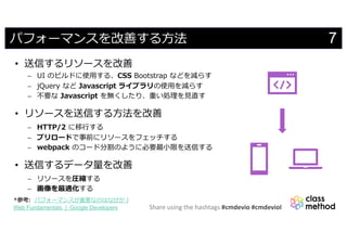 Share using the hashtags #cmdevio #cmdevioI
7パフォーマンスを改善する⽅法
• 送信するリソースを改善
- UI のビルドに使⽤する、CSS Bootstrap などを減らす
- jQuery など Javascript ライブラリの使⽤を減らす
- 不要な Javascript を無くしたり、重い処理を⾒直す
• リソースを送信する⽅法を改善
- HTTP/2 に移⾏する
- プリロードで事前にリソースをフェッチする
- webpack のコード分割のように必要最⼩限を送信する
• 送信するデータ量を改善
- リソースを圧縮する
- 画像を最適化する
*参考: パフォーマンスが重要なのはなぜか |
Web Fundamentals | Google Developers
 