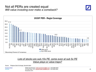Identifier
Deutsche Bank
November 2019
Rafael Garchitorena | rafael.garchitorena@db.com | +632 8894 6644
Gio dela Rosa, CFA | giovanni.dela-rosa@db.com | +632 8894 6642
08/03/2023 18:01:13 2010 DB Blue template
Source: Philippine Stock Exchange, Deutsche Bank
Not all PERs are created equal
Will value investing ever make a comeback?
26
Lots of stocks are sub-10x PE, some even at sub 5x PE
Value plays or value traps?
31.3
17.7
10.5
4.8
0.0
5.0
10.0
15.0
20.0
25.0
30.0
35.0
W
LCON
FB
URC
SM
PH
SM
JFC
RRHI
ALI
JGS*
EM
P
ICT
PIZZA
M
AXS
M
W
IDE
DNL
M
ER
CNPF
BDO
CHP
PGOLD
RLC
BLOOM
AEV*
BPI
GTCAP
SECB
AC
AP
GLO
M
PI
M
BT
TEL
SCC
M
EG
VLL
SHLPH
COSCO
FGEN
AGI
LTG
M
W
C
DM
C
BEL
FLI
CEB
2020F PER - Regis Coverage
* Bloomberg Finance LP consensus
PSEi stock
Non-PSEi stock
 