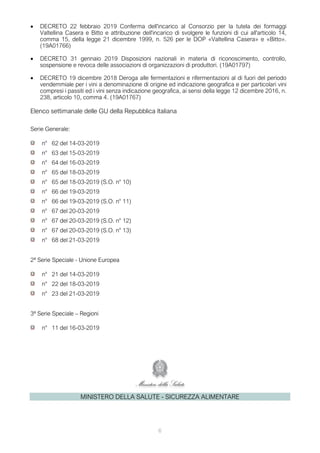6
• DECRETO 22 febbraio 2019 Conferma dell'incarico al Consorzio per la tutela dei formaggi
Valtellina Casera e Bitto e attribuzione dell'incarico di svolgere le funzioni di cui all'articolo 14,
comma 15, della legge 21 dicembre 1999, n. 526 per le DOP «Valtellina Casera» e «Bitto».
(19A01766)
• DECRETO 31 gennaio 2019 Disposizioni nazionali in materia di riconoscimento, controllo,
sospensione e revoca delle associazioni di organizzazioni di produttori. (19A01797)
• DECRETO 19 dicembre 2018 Deroga alle fermentazioni e rifermentazioni al di fuori del periodo
vendemmiale per i vini a denominazione di origine ed indicazione geografica e per particolari vini
compresi i passiti ed i vini senza indicazione geografica, ai sensi della legge 12 dicembre 2016, n.
238, articolo 10, comma 4. (19A01767)
Elenco settimanale delle GU della Repubblica Italiana
Serie Generale:
n° 62 del 14-03-2019
n° 63 del 15-03-2019
n° 64 del 16-03-2019
n° 65 del 18-03-2019
n° 65 del 18-03-2019 (S.O. n° 10)
n° 66 del 19-03-2019
n° 66 del 19-03-2019 (S.O. n° 11)
n° 67 del 20-03-2019
n° 67 del 20-03-2019 (S.O. n° 12)
n° 67 del 20-03-2019 (S.O. n° 13)
n° 68 del 21-03-2019
2ª Serie Speciale - Unione Europea
n° 21 del 14-03-2019
n° 22 del 18-03-2019
n° 23 del 21-03-2019
3ª Serie Speciale – Regioni
n° 11 del 16-03-2019
MINISTERO DELLA SALUTE - SICUREZZA ALIMENTARE
 