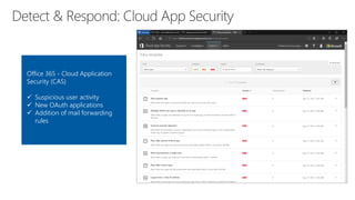 Office 365 - Cloud Application
Security (CAS)
✓ Suspicious user activity
✓ New OAuth applications
✓ Addition of mail forwarding
rules
 