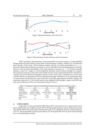 Int J Pow Elec  Dri Syst ISSN: 2088-8694 r 1911
Figure 8. Measured efficiency of the class-E PA.
Figure 9. Measured power transfer efficiency and received power.
Table 3 summarizes the performance of the proposed IPT system and compares it to other published
through-metal-wall power transfer systems based on electromagnetic coupling. Graham et al. [4] transferred
power through a 20 mm thick, 130 mm diameter stainless steel disc of a relative permeability of µr = 1.1.
The results showed that an efficiency exceeding 4% can be achievable with an operating frequency of 500 Hz.
However, when the relative permeability of the metal material is increased to µr = 10, the peak achievable
efficiency is only 0.2%. Zangl et al. [5] investigated the feasibility of power delivery through a tin container.
The experiment results have shown that at least 30 µW of power can be transferred through the 5-mm thick tin
container to power the fill level measurement capacitive sensor circuit using a continuous wave carrier signal
at 50 Hz. However no information on PTE was presented in the paper. Yamakawa et al. [8] reported their work
on wireless power transmission into a space enclosed by metal walls using magnetic resonance coupling. The
results have shown that a 1.2 W of electric power can be supplied to LEDs through a stainless steel wall 5-mm
thick with an efficiency of 10% over a transmission distance of 10 cm.
Table 3. Comparison with previous published through-metal-wall power transfer systems
Design [4] [5] [8] This work
Frequency 400 Hz 50 Hz 50 Hz 200 Hz
Coil Design Loop Solenoid Solenoid Solenoid Helical
System Topology Inductive coupling Inductive coupling Mag. reson. coupling Inductive coupling
Metal Thickness Stainless steel-20 mm Tin-5 mm Stainless steel-5 mm Aluminum-3.1 mm
Distance 0 cm 0 cm 10 cm 0 cm
Received Power – 30 µW 1.2 W 5 W
PTE 4% – 10% 9%
4. CONCLUSIONS
In this paper, we have presented the highly efficient IPT system based on the co-design of the class-E
power amplifier and a pair of Helical stacked coils for through-metal-wall power transfer. Measurement results
show that the 200-Hz class-E PA achieves the peak power gain of 25.2 dB and the maximum collector efficiency
of 57.3%. The proposed IPT system has power delivery of 5 W and peak PTE of 9% for power transfer through
the 3.1-mm thick aluminum barrier.
Wireless power transfer through metal using inductive link (Tuan Anh Vu)
 