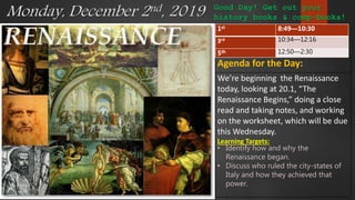 Good Day! Get out your
history books & comp-books!Monday, December 2nd, 2019
Agenda for the Day:
We’re beginning the Renaissance
today, looking at 20.1, “The
Renaissance Begins,” doing a close
read and taking notes, and working
on the worksheet, which will be due
this Wednesday.
Learning Targets:
• Identify how and why the
Renaissance began.
• Discuss who ruled the city-states of
Italy and how they achieved that
power.
1st 8:49—10:30
3rd 10:34—12:16
5th 12:50—2:30
 