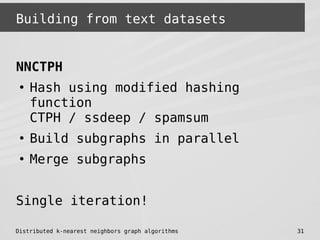 Distributed k-nearest neighbors graph algorithms 31
Building from text datasets
NNCTPH
●
Hash using modified hashing
funct...