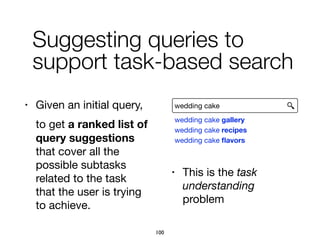 • Given an initial query,

to get a ranked list of
query suggestions
that cover all the
possible subtasks
related to the task
that the user is trying
to achieve.
Suggesting queries to
support task-based search
wedding cake
wedding cake gallery
wedding cake recipes
wedding cake ﬂavors
• This is the task
understanding
problem
100
 