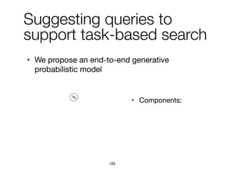 • Components:
q0
Suggesting queries to
support task-based search
• We propose an end-to-end generative
probabilistic model
105
 