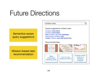 Future Directions
Semantics-aware

query suggestions
Mission-based task
recommendation
140
invitation cards
Make
Homemade
Wedding Cards
Print Your Own
Wedding Invitations
Include a Dress
Code on a
Wedding
Invitation
Queries suggested for invitation cards
invitation card online
invitation card maker
free invitation cards for whatsapp
see-through invitation card
create invitation card with photo free
Recommended tasks
 