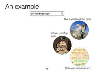 Cheap wedding
cake
Make your own invitations
Buy a used wedding gown
low wedding budget
An example
92
 