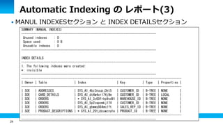 29
Automatic Indexing の レポート(3)
 MANUL INDEXESセクション と INDEX DETAILSセクション
SUMMARY (MANUAL INDEXES)
-----------------------...