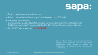 • Fusion zweier Aluminium-Konzerne
• Polen: 1 neue Tochterfirma „sapa“ mit 4 Werken (ca. 1000 MA)
• Schlechte Performance
(Lieferverzögerungen, Qualitätsmängel, Kundenunzufriedenheit, Delegation der
Probleme „nach oben“, Unzufriedenheit in den Teams, Konkurrenz der Werke...)
• 2015 EBIT (aller 4 Werke): € - 2.072.000
Ó www.grobner.com Österreichischer IT & Beratertag | Vortrag Marianne Grobner 2
Hinweis: Dieses Projekt wurde für den Constantinus
Project Award nominiert. Die auf den Folien
präsentierten Details wurden im Rahmen des
Wettbewerbs mit Zustimmung des Unternehmens
veröffentlicht.
 