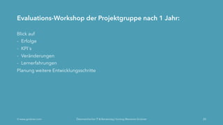 Evaluations-Workshop der Projektgruppe nach 1 Jahr:
Blick auf
- Erfolge
- KPI´s
- Veränderungen
- Lernerfahrungen
Planung weitere Entwicklungsschritte
Ó www.grobner.com Österreichischer IT & Beratertag | Vortrag Marianne Grobner 20
 